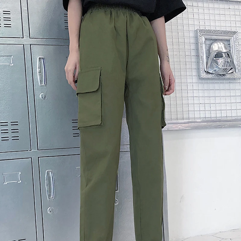 

Autumn Women High Waist Cargo Pants Girls Boys Green Pocket Hiphop Loose Casual Pencil Slacks Female Slim Straight Long Trousers