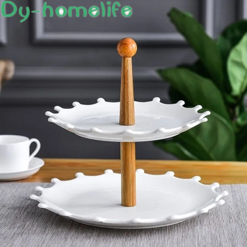 

European-style Wood Bracket White Sun Flower 2/3 Layer Ceramic Fruit Tray Home Decoration Storage Supplies Bone China Fruit Tray