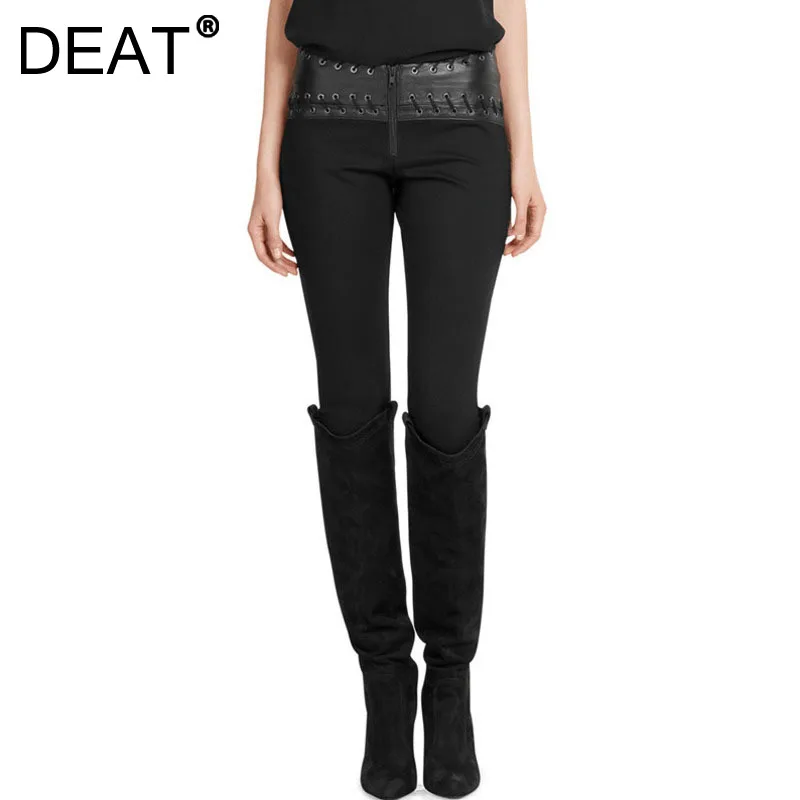 

DEAT 201 New Women Fashion Skinny Black Patchwork Leather Mid-waist Elastic Thickened Pencil Pants Autumn And Winter 7E2996