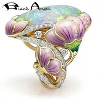black angel gold double color opal handmade enamel painted ring exaggerated cz flower rings for women wedding jewelry party gift