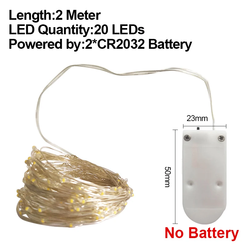 2M CR2032 No Battery Светодиодный Сказочный светильник 2/5/10 м строка светильник Медный провод гирлянда на Батарея приведенный в действие для внутреннего и наружного спорта Рождественский светильник s украшения - Испускаемый цвет: 2M CR2032 No Battery