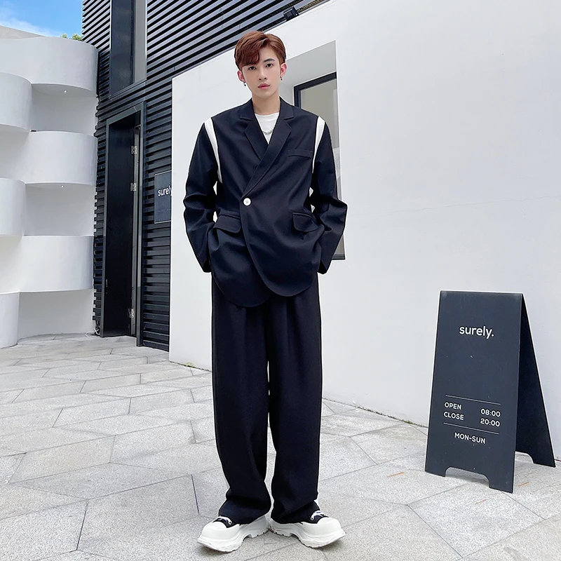 

Black White Splice Suits Blazer Jacket Men Korean Streetwear Trendy Fashion Loose Casual Suit Coat Blazer Male Dress Suit