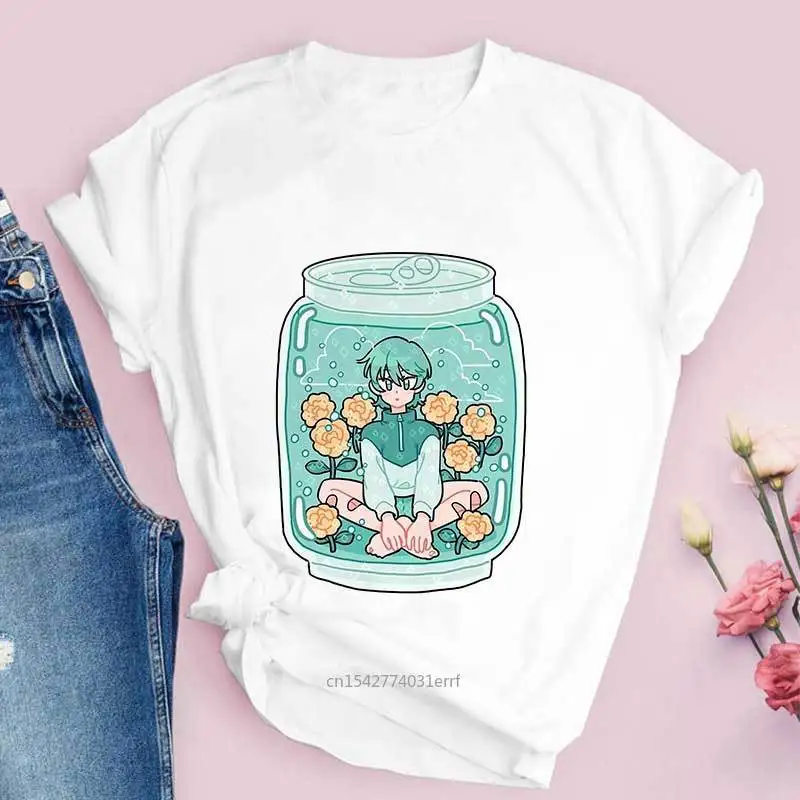 

2021 New Summer Fashion T Shirt Strawberry Juice Graphic Print T-shirt Women Harajuku Aesthetic White Tops Tee