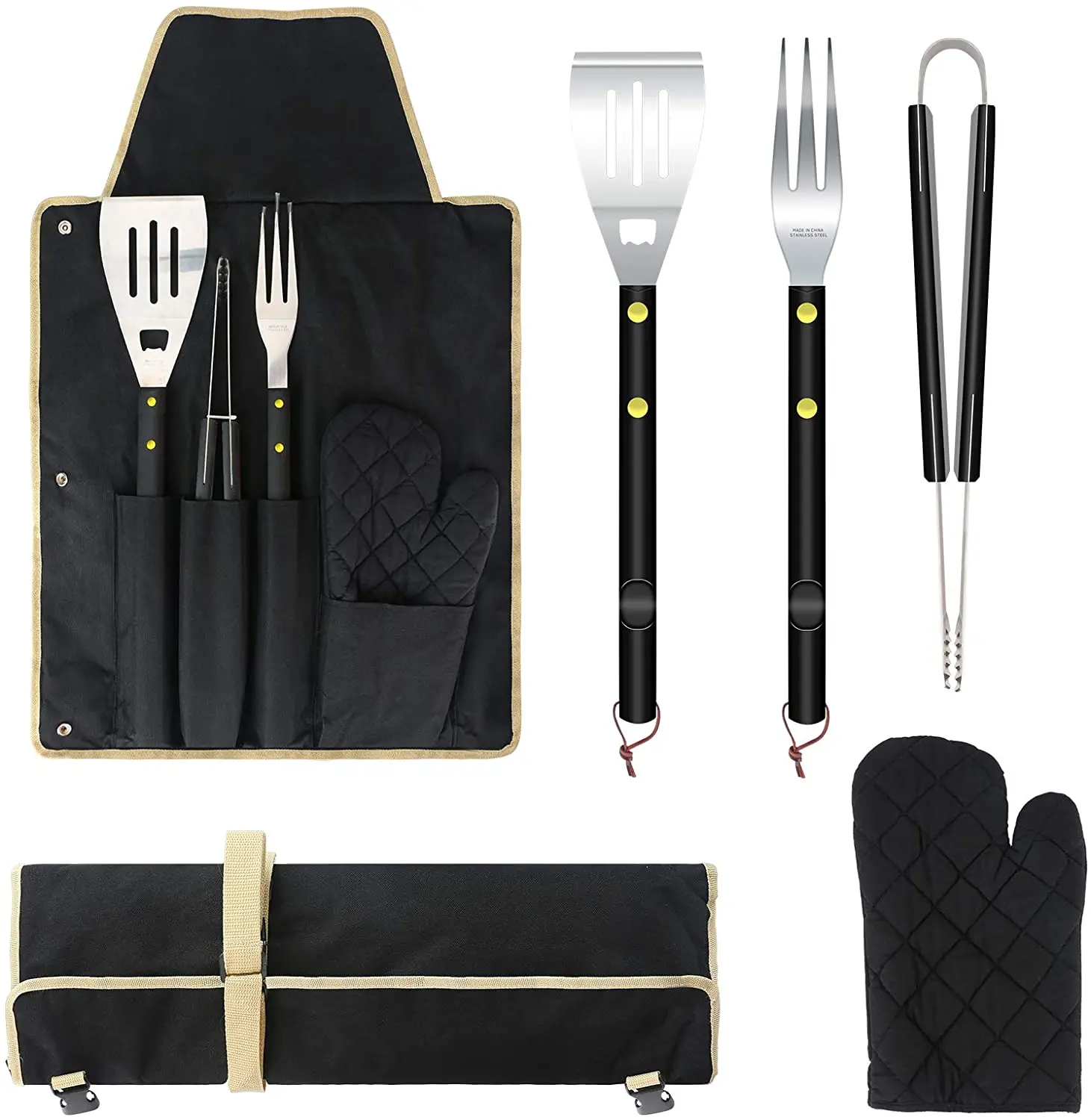 

5PCS BBQ Grill Tools Set Extra Longer Stainless Steel Grill Accessories Wooden Handles Griddle Accessories Kit Camping Backyard