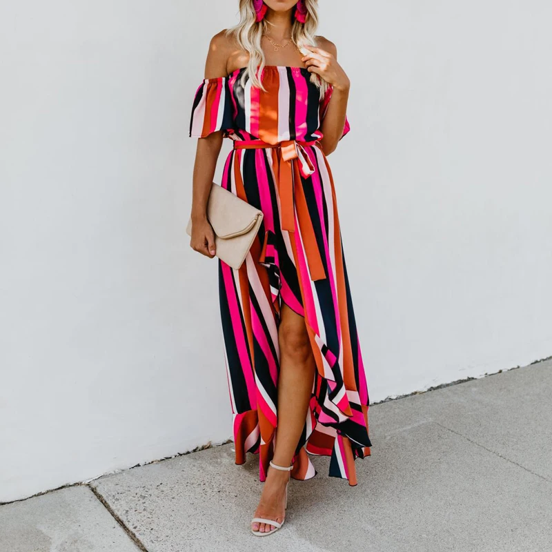 ZOGAA Off Shoulder Ruffle Striped Summer Dress Casual Front Fork Beach Women Maxi Backless Wrap Long Vestidos 2019 | Женская одежда
