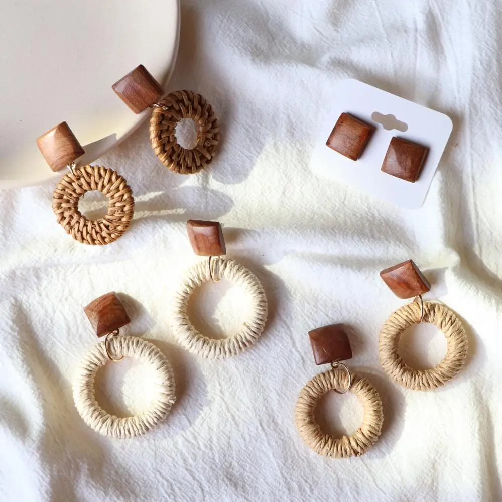 Геометрические деревянные оплетки осенние Серьги Богемия Круглый Круг ручной