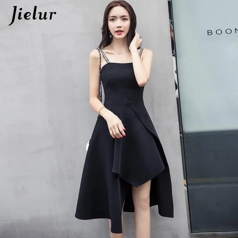 Женское платье на бретельках Jielur черное с оборками в Корейском стиле элегантное