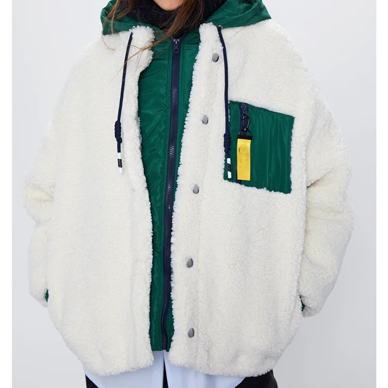 Enlarge Winter Lambskin Fleece Stitching Jacket Jacket Zipper Hoodie Thick Warm Boyfriend Fashion Street Hooded Polar Fleece Casual Coat