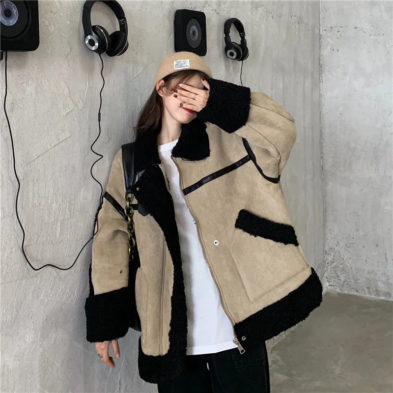 Korea Style Women Winter Loose Thermal Warm Coat Faux Sheepskin Fleece Parkas Streetwear