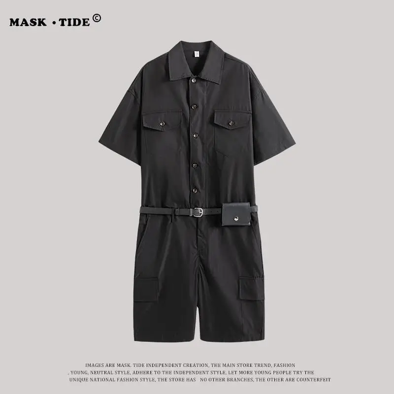 

Harajuku solid cargo jumpsuit couples 2021 summer new fashion Korean casual loose short-sleeved shirt straight half pants trend