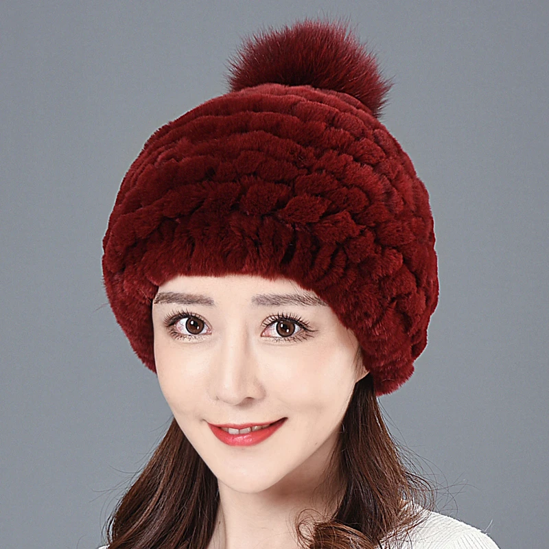 

Russian Style Luxury Women Winter Real Rex Rabbit Fur Hats Warm Natural Rex Rabbit Fur Caps Knitted Lady Top With Fox Fur Hat