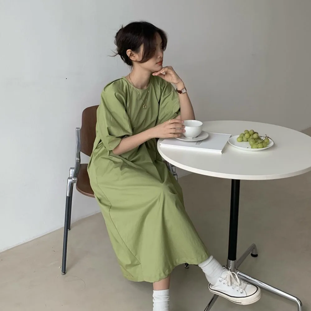 

Japanese Style Korean Fashion Summer Women's Dress 2021 Temperament Simple Loose Casual Solid Color Folds Puff Sleeve