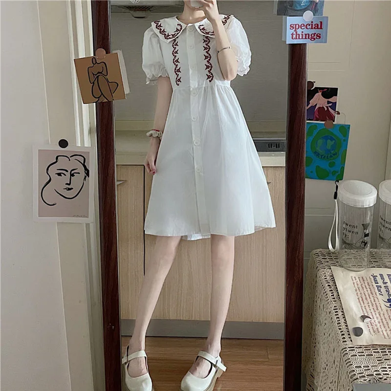 

Frenchdoll Collar Girly Dress Women Kawaii Sweet Elegant Chic Summer New High Waist Slim Casual Dress Short Sleeve Shirt Dresses