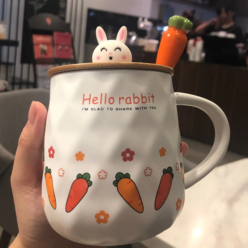 

lovely rabbit mug. Tea cup, drinking cup and household breakfast cup with cover handmade by ceramic technology sublimationblanks