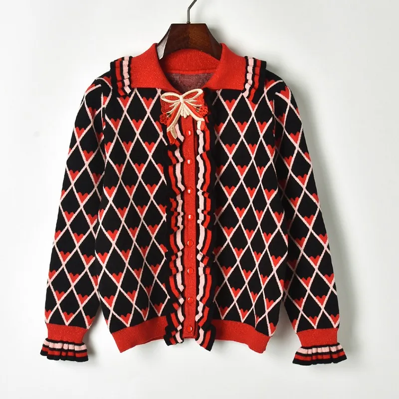 Женский зимний плотный жаккардовый кардиган с оборками длинным рукавом и