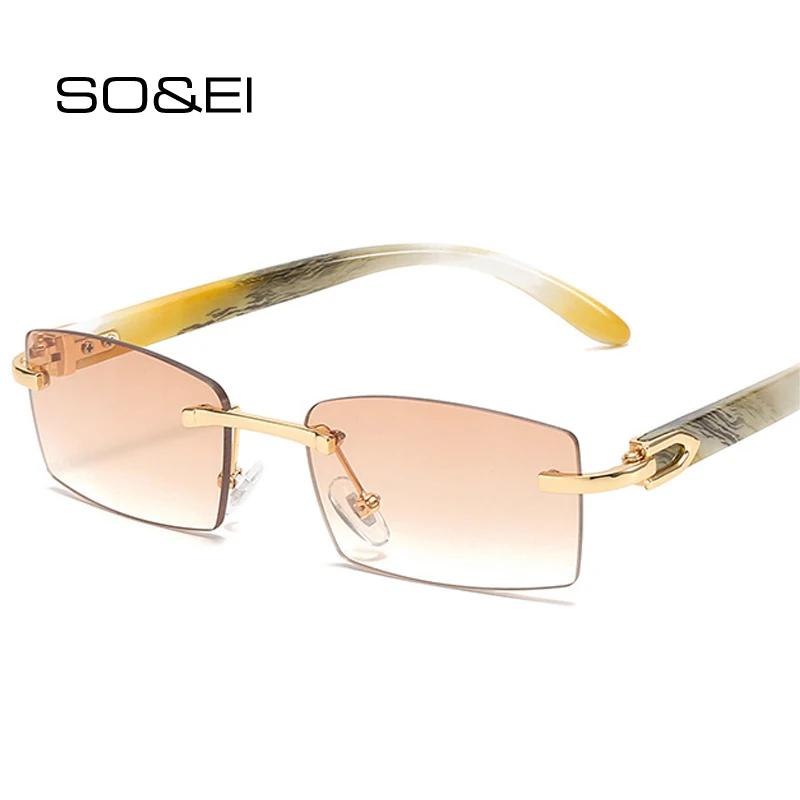 

SO&EI Fashion Small Rectangle Women Sunglasses Vintage Rimless Clear Ocean Gradient Sun Glasses Brand Designer Men Shades UV400