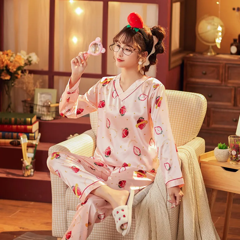 

Spring and Autumn New V-neck Ice Silk Pajamas Women Loose Long-sleeved Trousers Loose Satin Sleep Two-piece Home Service