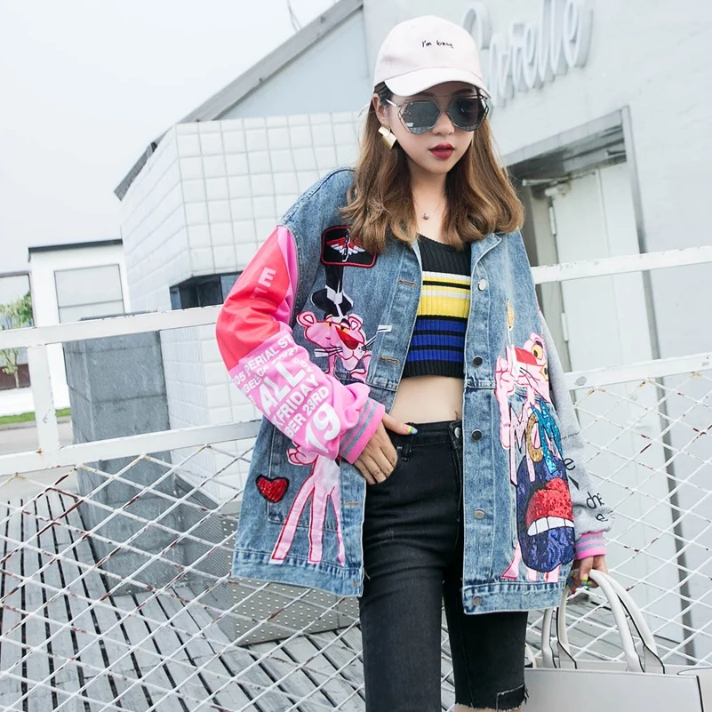 Женская джинсовая куртка с блестками свободная из денима мультяшным принтом 2021 |