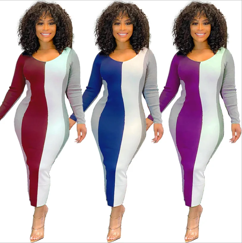 

Contrast Color Elestic Bandage Ankle-Length Dress Lady's U-neck Long Sleeve Bodycon Dresses Club Wear Plus Size for Women