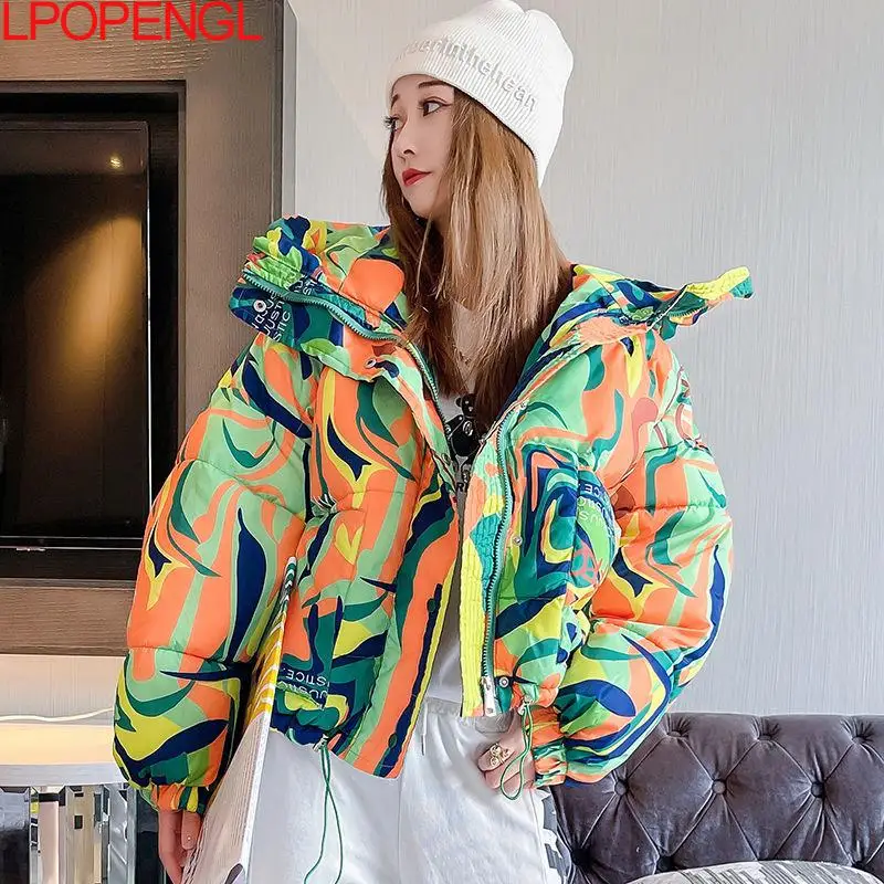 Warm Winter Cotton Jacket Women 2021 Graffiti Print Fashion Hooded Short Parka Coat Girls Thick Streetwear Hip-hop Padded Jacket