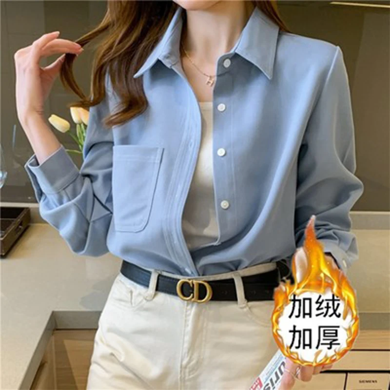 

Thickened sanded ladies' autumn and winter versatile stacked long-sleeved French blouse bottoming shirt.