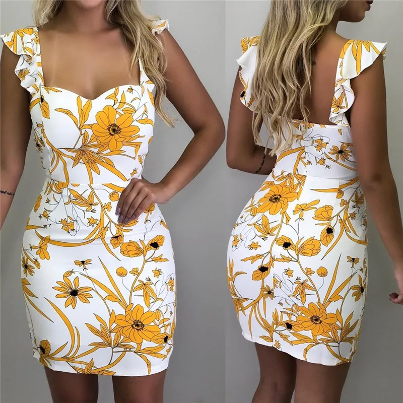 

2020 Summer Women Dress Sexy Mini Bodycon Party Dresses Vestido Casual Sleeveless Square Collar Print Slim Elastic Office Dress