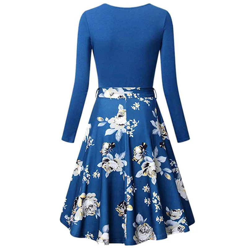 

Women Vintage Casual V Neck A-Line Dress Autumn Elegant Flower Patchwork Long Sleeve Tunic Party Swing Dress