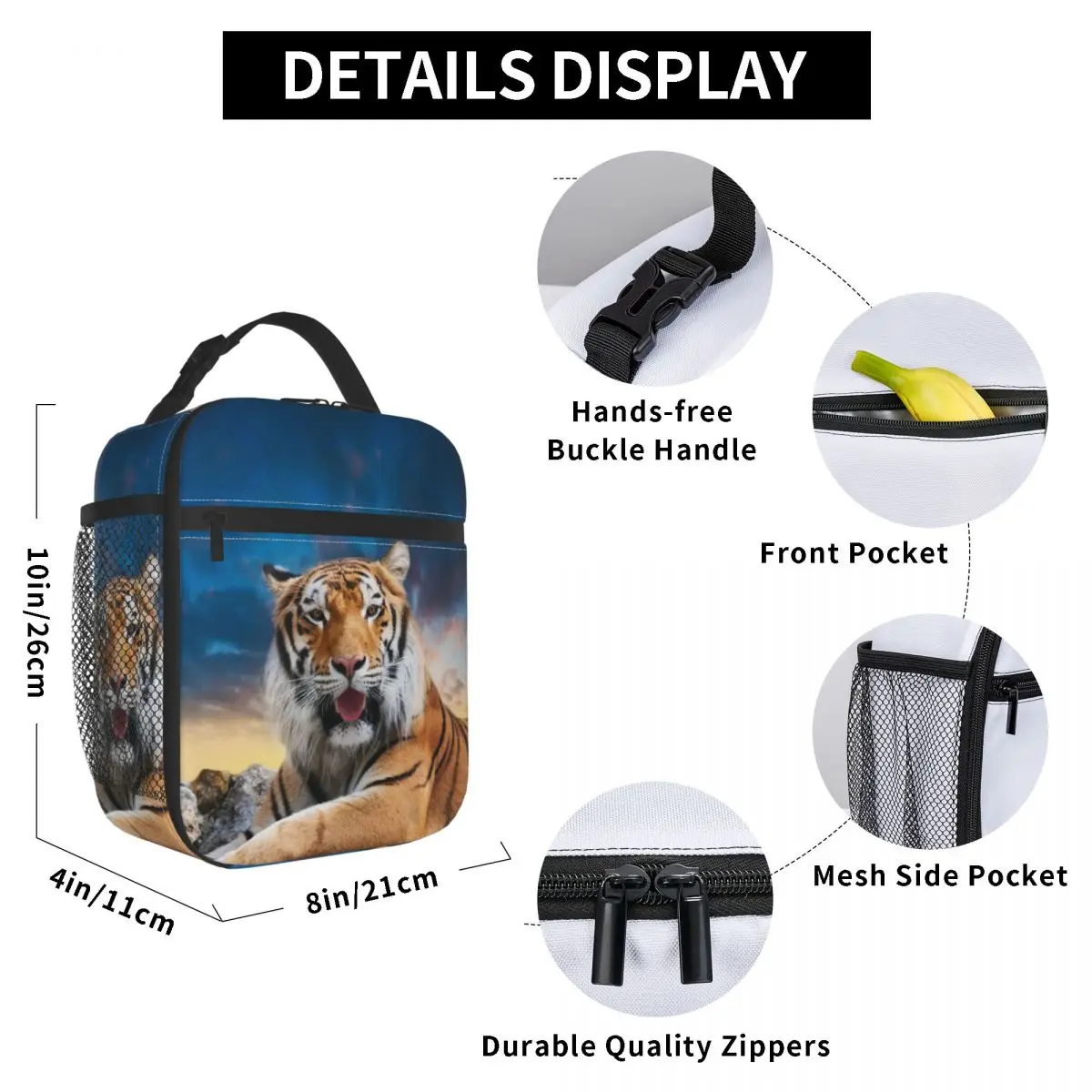 

Tiger Large Cat Lunch Bag for Women Men Large Insulated Lunch Box with Water Bottle Holder and Pockets