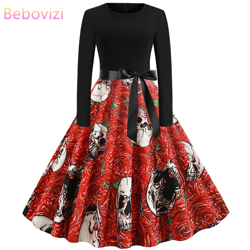 Nieuwe 2019 Herfst Vrouwen Хэллоуин Jurken плюс размер Lange Mouwen череп печати вечерние Vestidos