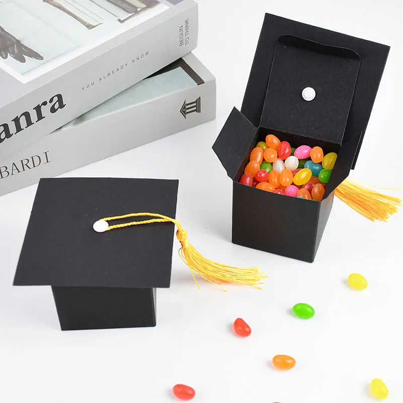 

5/10pcs Creative Bachelor Hat Cap Shape Bag Black White Paper Box Graduation Celebration Party Candy Favor Box Gift Food Packing