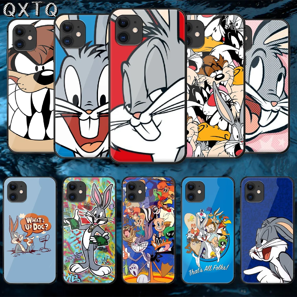 

Cartoon Bunny Rabbit Tempered Glass Phone Case Cover For IPhone 5 6 7 8 11 12 S Plus Xr X Xs Pro Max Mini Se 2020 Black Hoesjes