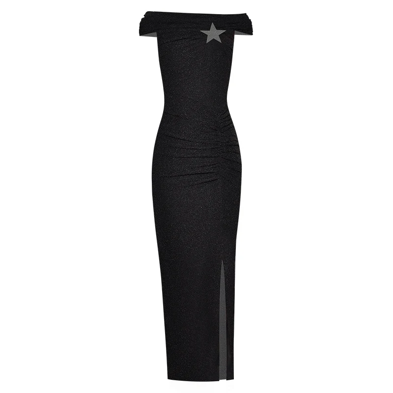 

One line collar hollow out perspective waist pack hip fold split elastic long dress dress dress fall 2020 NEW