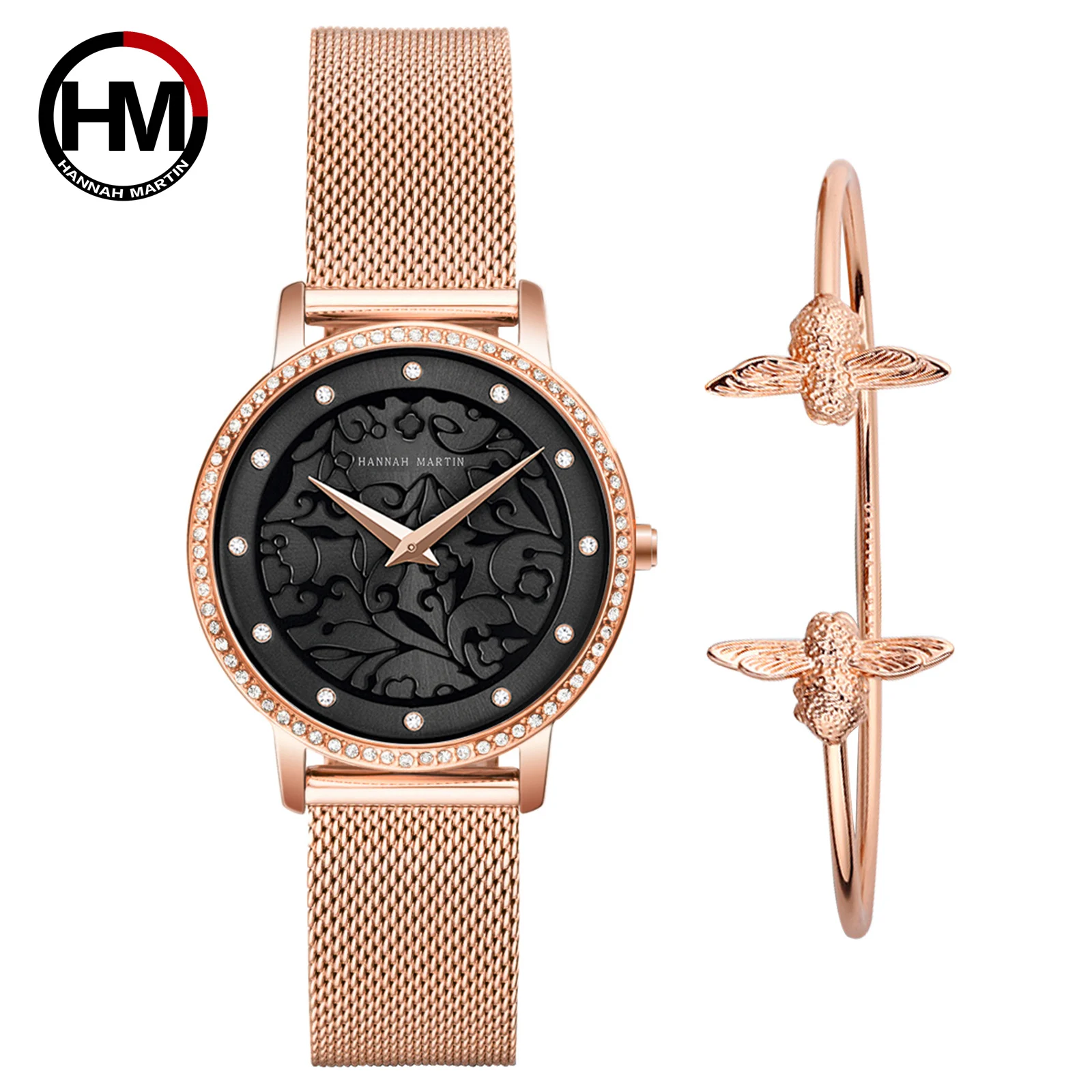 Женские часы с браслетом из розового золота рельефным циферблатом и белыми