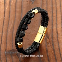 2021 new 10mm cut corner natural agate stone energy bracelet fashion ol style two layer leather cord 316 stainless steel bracele