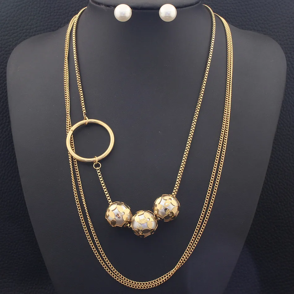 Цепочки для свитера ожерелье золотого цвета подвеска с шариком и серьги-гвоздики