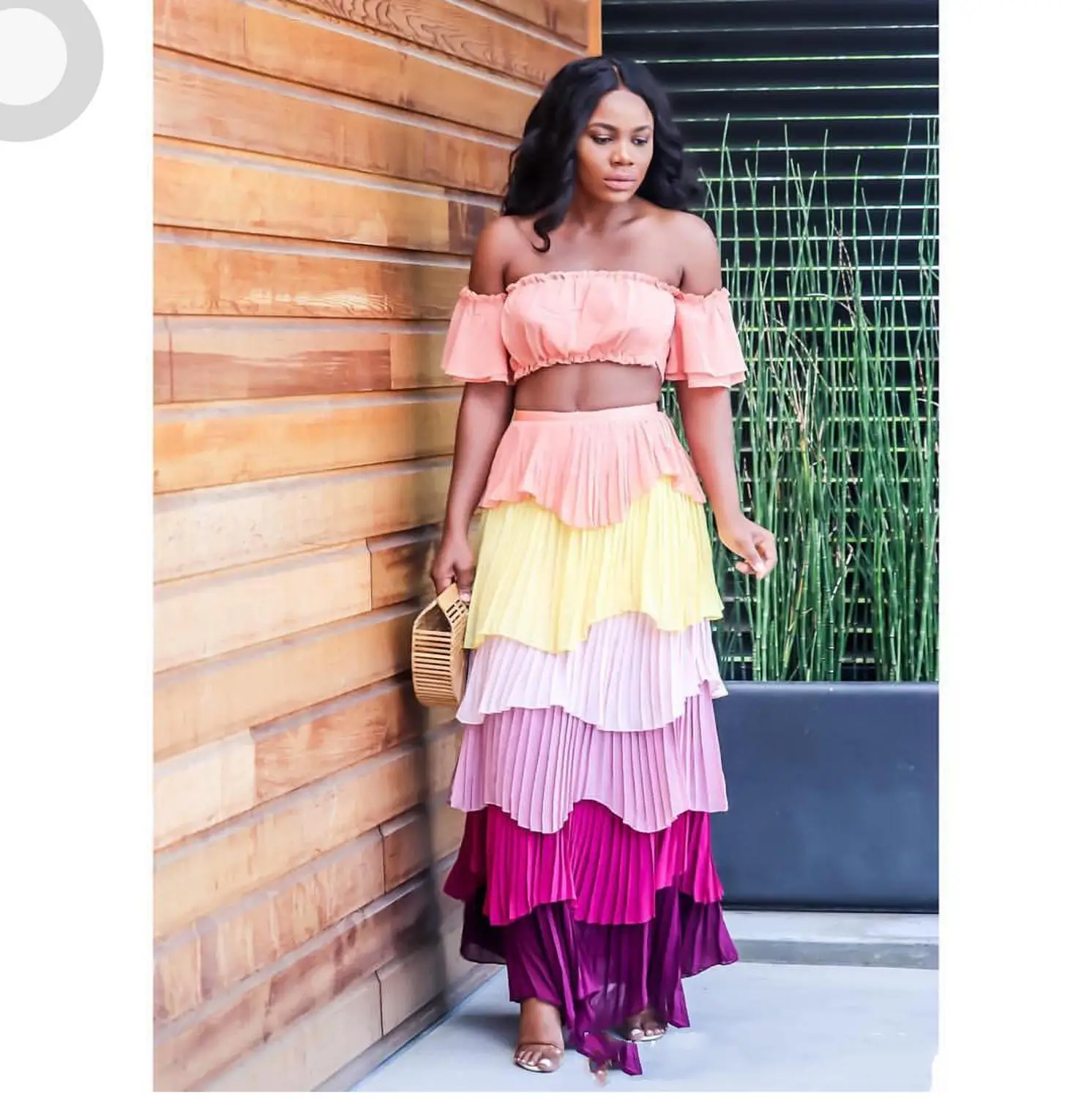 2019 летний модный топ с цветными блоками длинная юбка сексуальный костюм юбкой