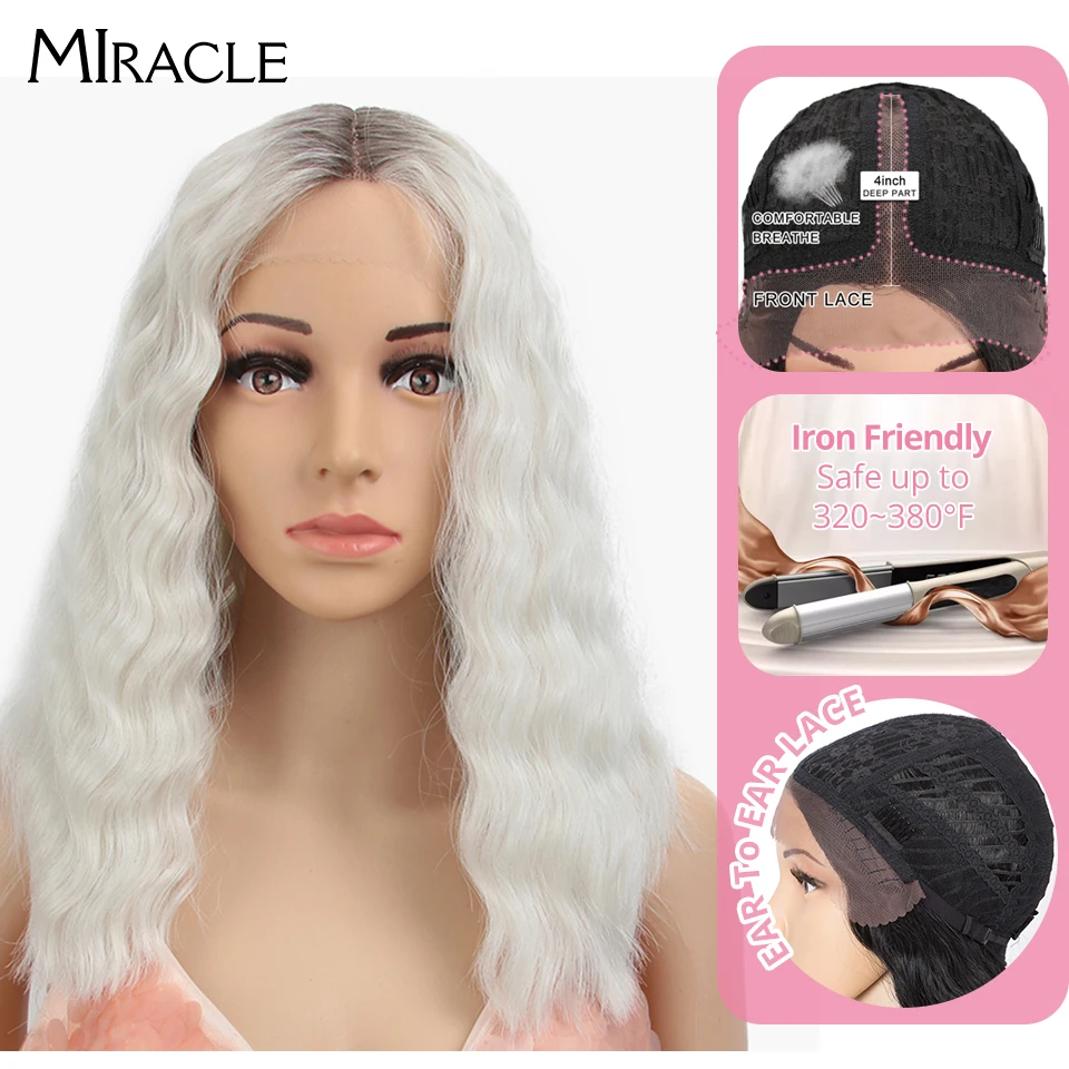 

Synthetic Water Wave Lace Front Wig 14inch Heat Resistant Fiber Curly Wave Golden White Cosplay Wig For Black Women Miracle Wig