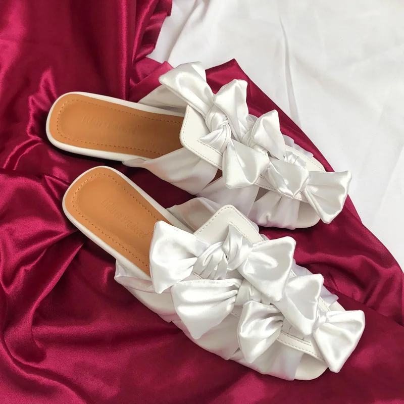 

Sandals Flats Slippers Women's Outer Wear Summer2021 Silk Sweet Bowknot French Half Slipper Square Toe Mules Slides Muller Shoes