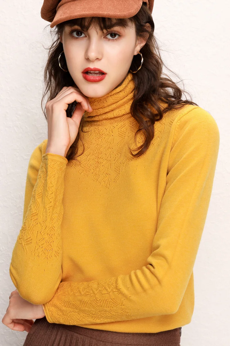 Autumn Winter New Women Sweater Openwork Carved Cashmere Solid color Soft fashion Hedging Wool Knit High-collar | Женская одежда