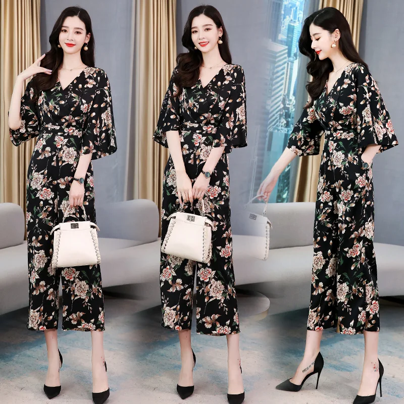 Женские комбинезоны длинные брюки с широкими штанинами и цветочным принтом лето