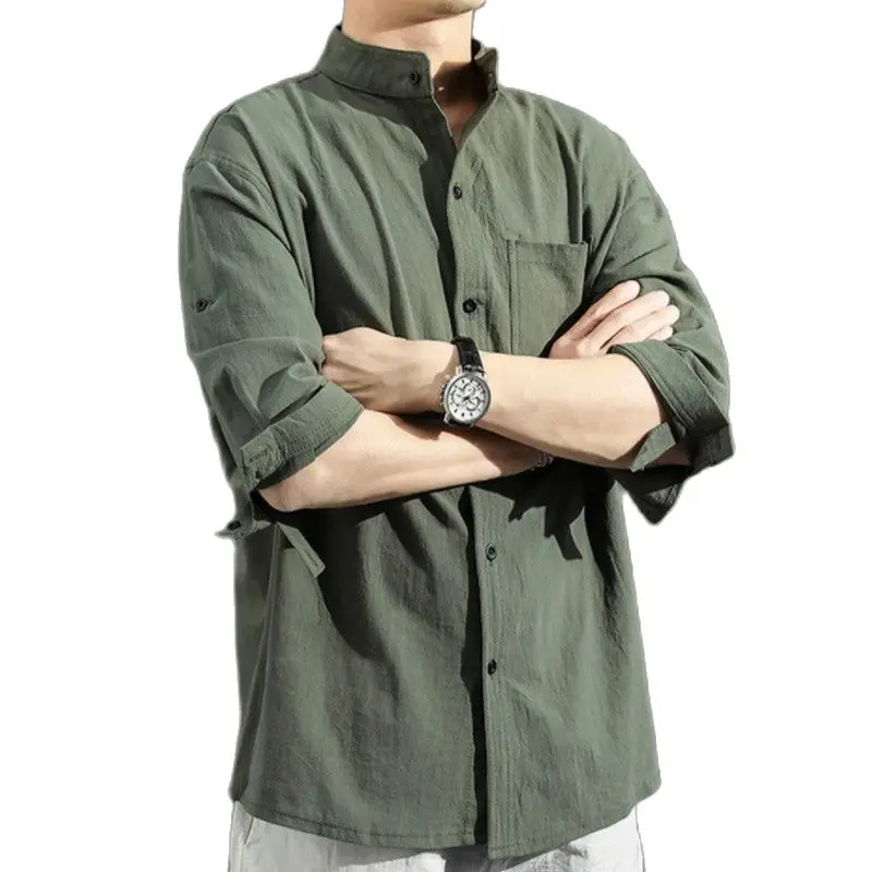 

Solid Colors Long Sleeve Shirts Chinese Style Wear Stand Collar Loose 100% Cotton White Black Shirt Short Sleeve Shirt 5XL