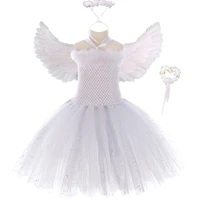 sparkly pure white angel tutu dress feather wing wands outfits fancy kids dresses angel costume for girls birthday party clothes