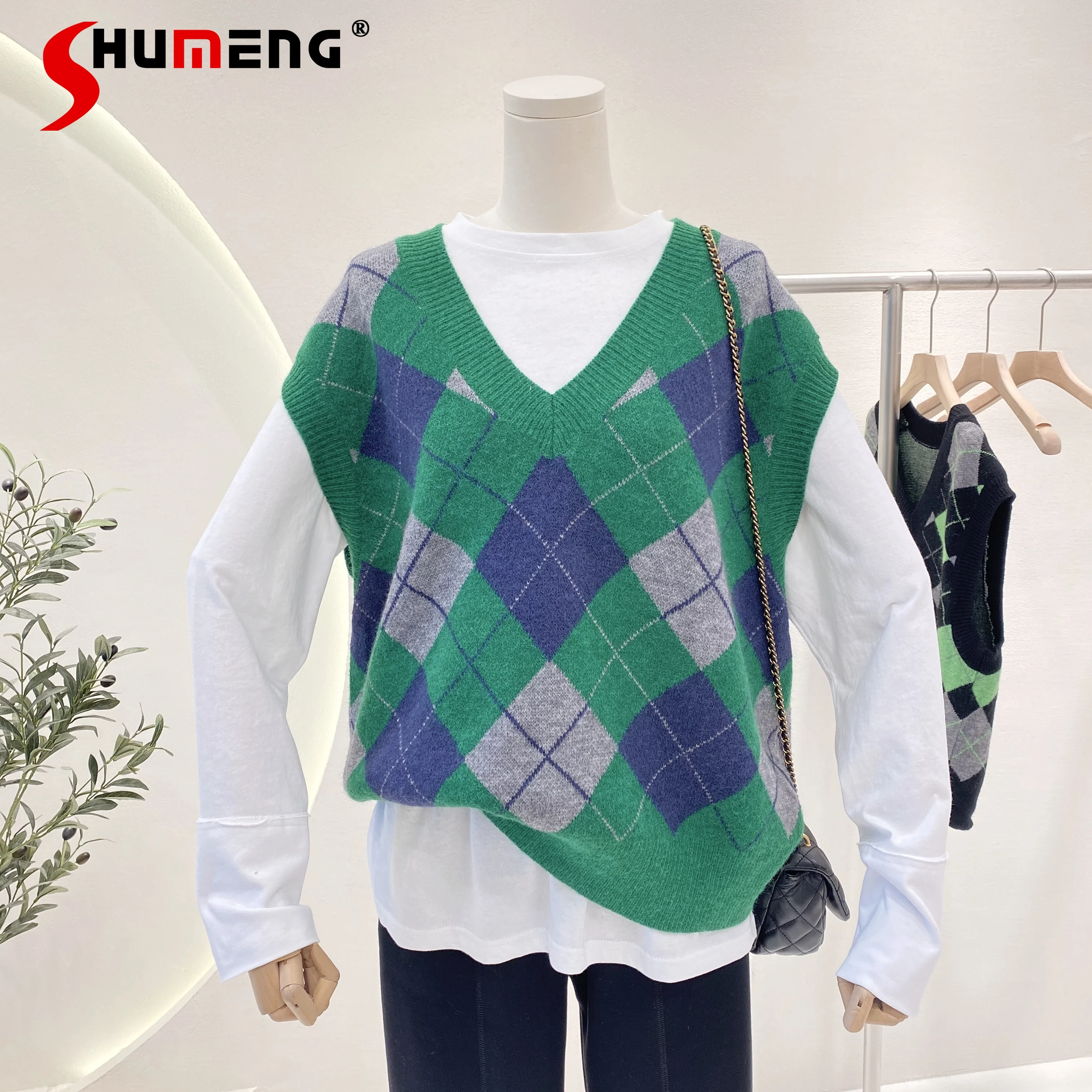 

Осень 2021, новый вязаный пуловер в клетку с V-образным вырезом в стиле ретро, женский модный простой свитер без рукавов, жилет, топ