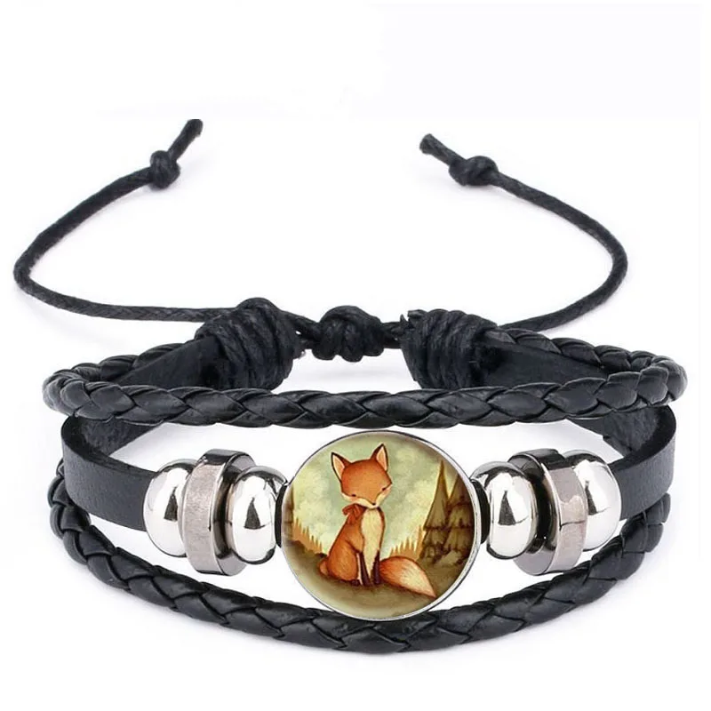 Qiyufang Vintage Bracelets black Color Leather Jewelry for Women Accessories Fox Picture Glass Cabochon Stud Animal bracelets | Украшения и