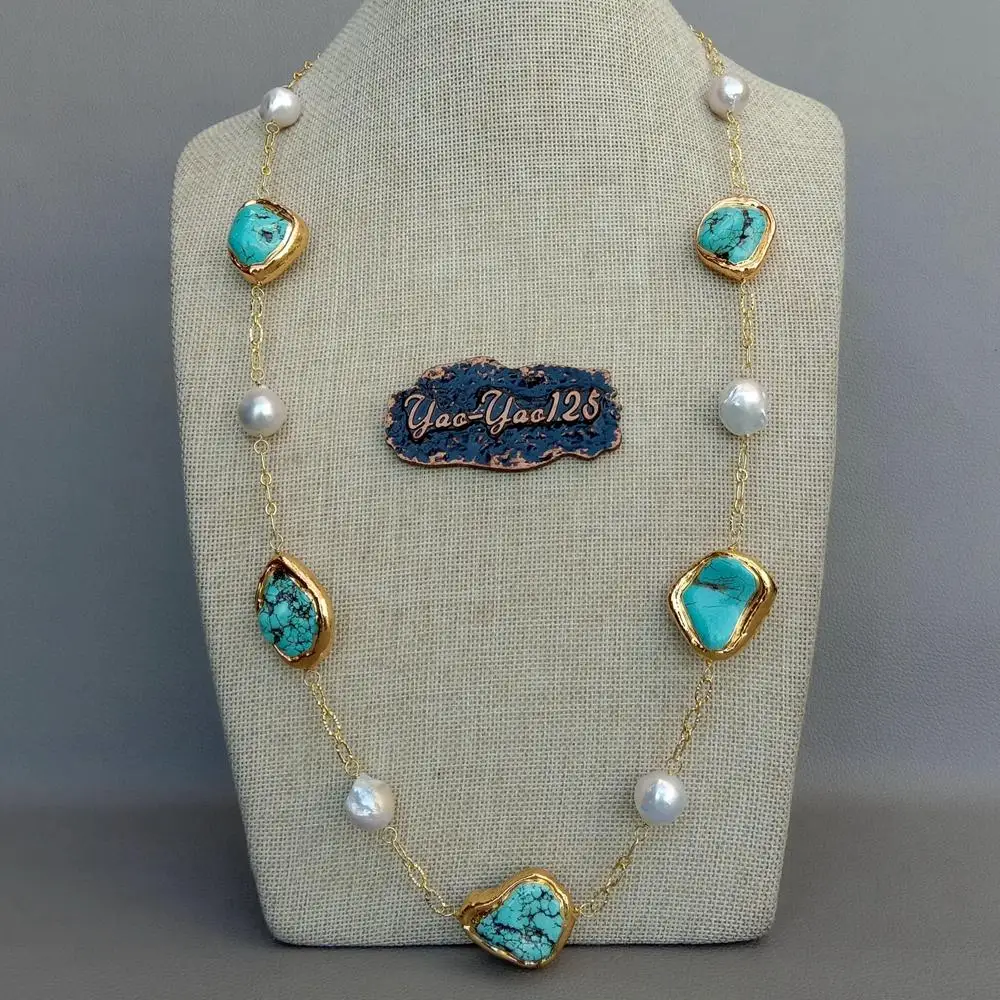 Ожерелье женское с жемчугом длинное колье белым покрытием из желтого золота в