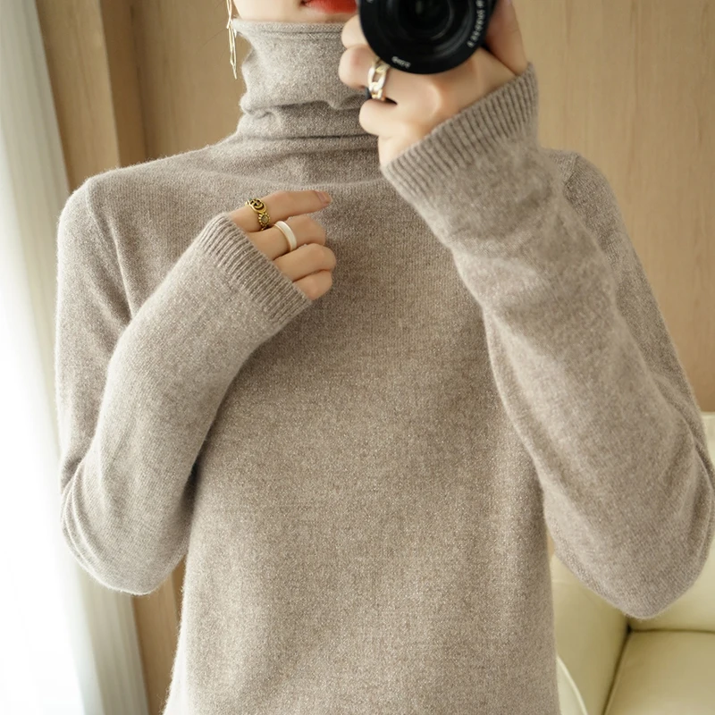 

100%Pure Wool Sweater Women Turtleneck Pullover Cashmere Sweater Long-sleeve Knitted Top 2021Autumn Winter Female Bottoming Shir