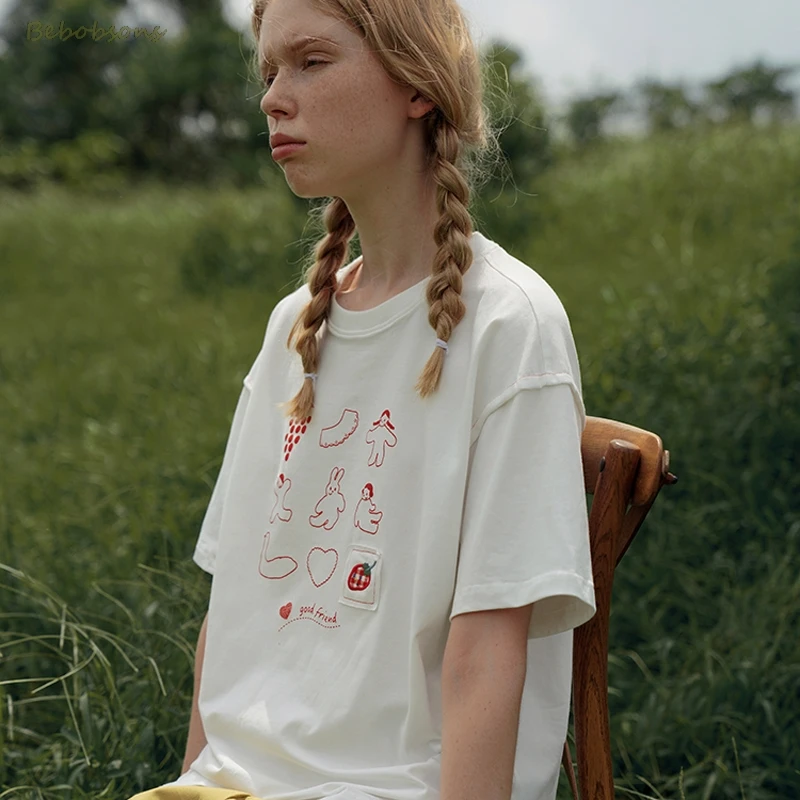 Женская хлопковая Футболка с круглым вырезом вышивкой коротким рукавом летняя