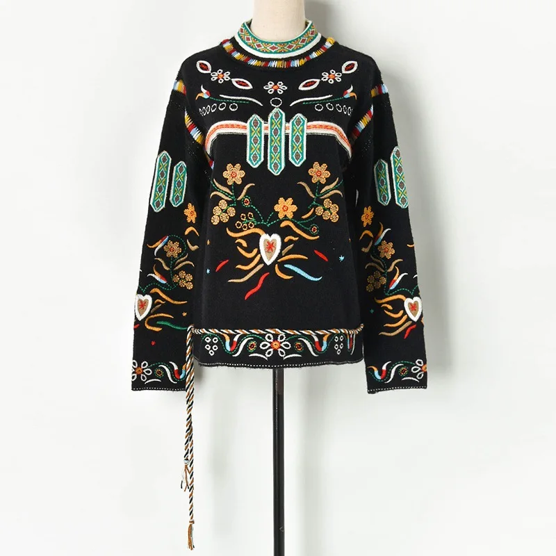 Женский трикотажный свитер в винтажном стиле теплый джемпер ретро с вышивкой и