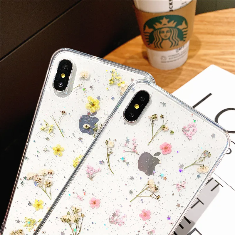 Прозрачный чехол с настоящим сухим цветком для iPhone 8, 7 Plus, 6, 6 S, прозрачный чехол с эпоксидной звездой для iPhone X, XR, 11 Pro, XS MAX, мягкий чехол