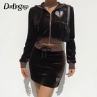 Darlingaga винтажная коричневая велюровая укороченная Толстовка Женская Осенняя куртка на молнии с сердцем Стразы пальто базовые толстовки модная с капюшоном